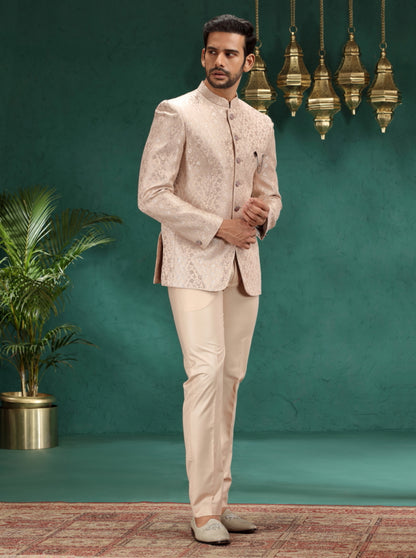 Golden Peach Self Design Jodhpuri Suit | JadeBlue