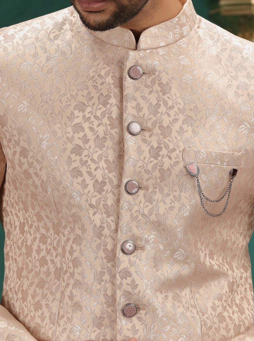 Golden Peach Self Design Jodhpuri Suit | JadeBlue