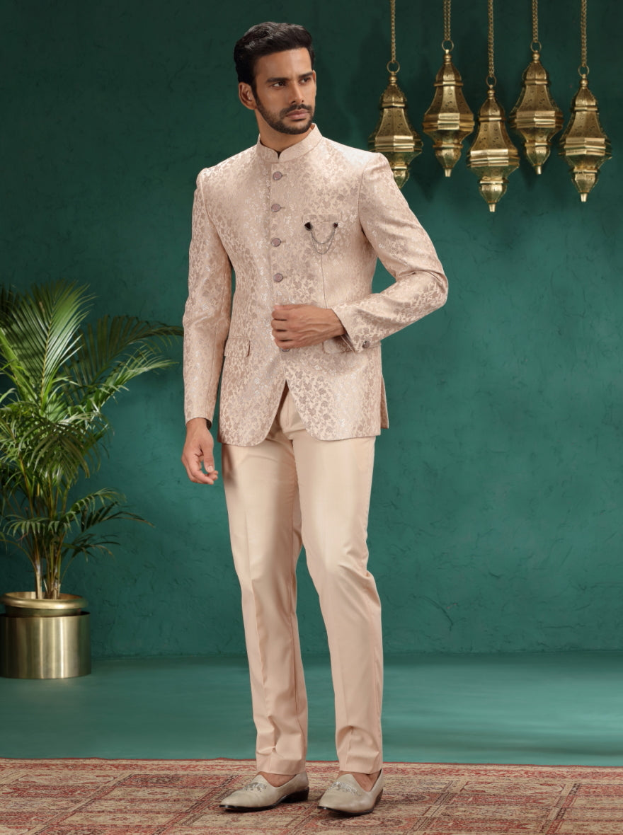 Golden Peach Self Design Jodhpuri Suit | JadeBlue