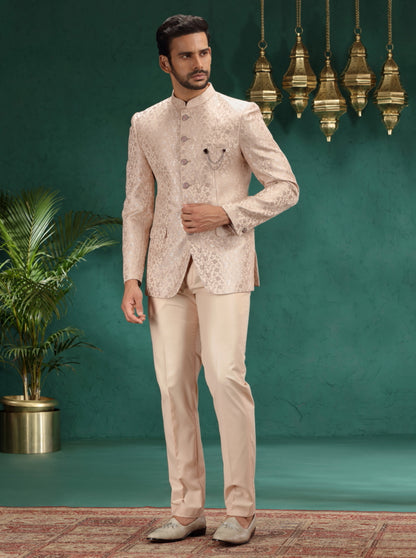 Golden Peach Self Design Jodhpuri Suit | JadeBlue