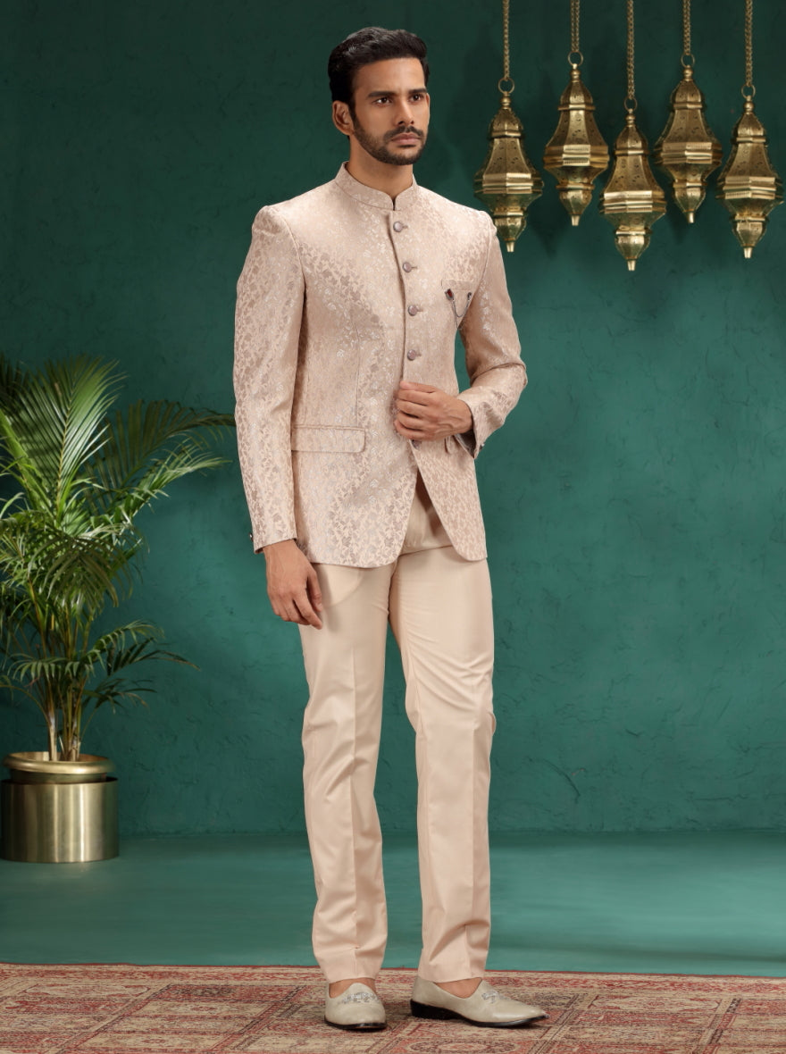 Golden Peach Self Design Jodhpuri Suit | JadeBlue