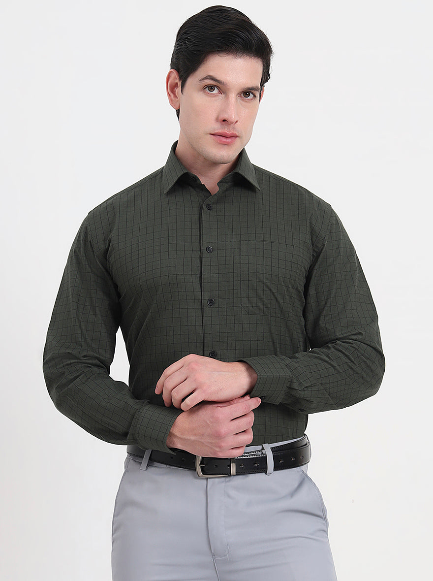 Green Checked Regular Fit Formal Shirt | JadeBlue