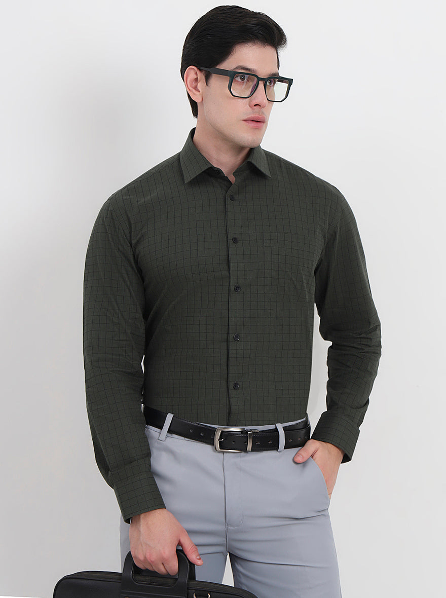 Green Checked Regular Fit Formal Shirt | JadeBlue