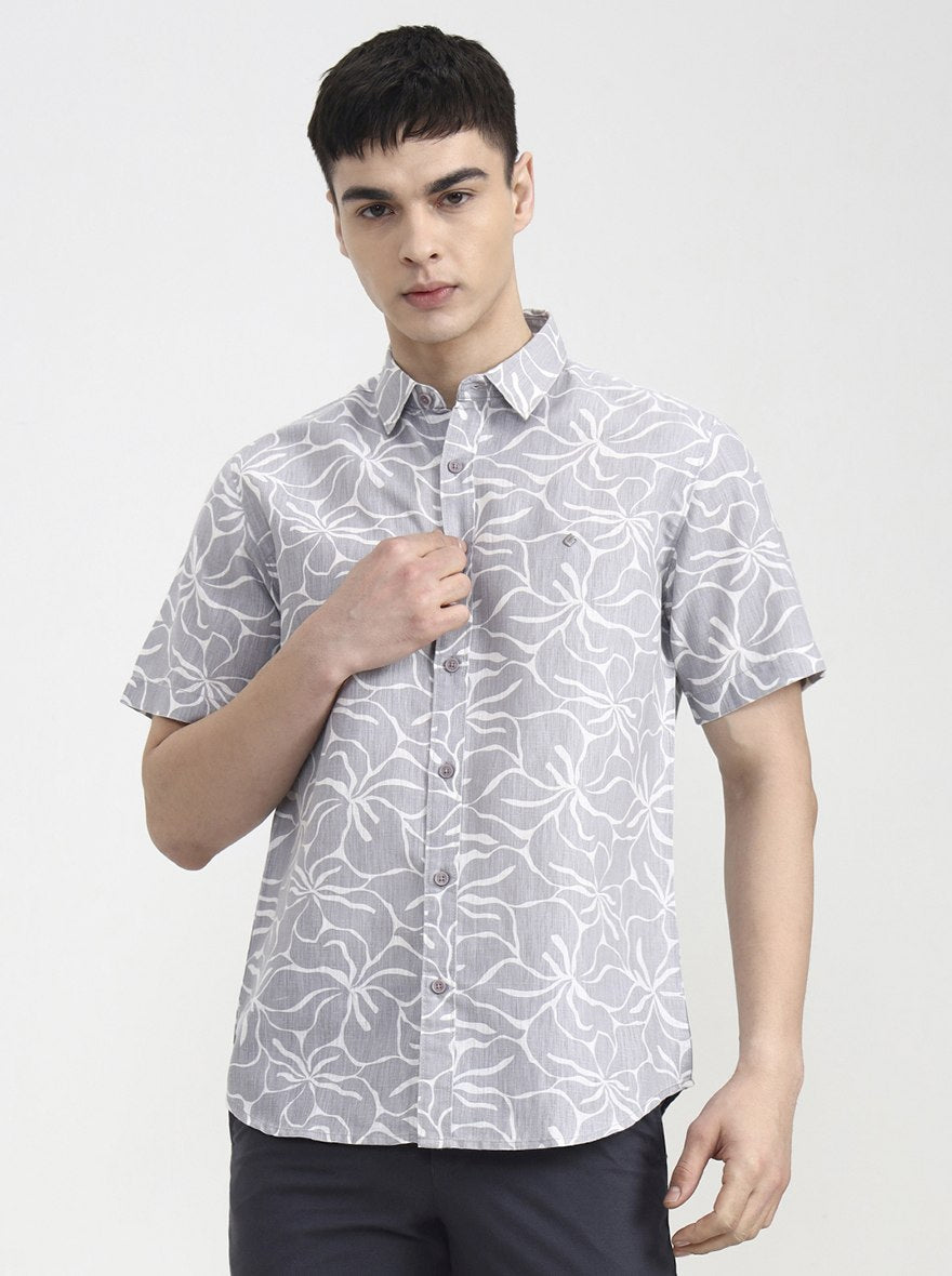 Grey Printed Slim Fit Casual Shirt | Greenfibre