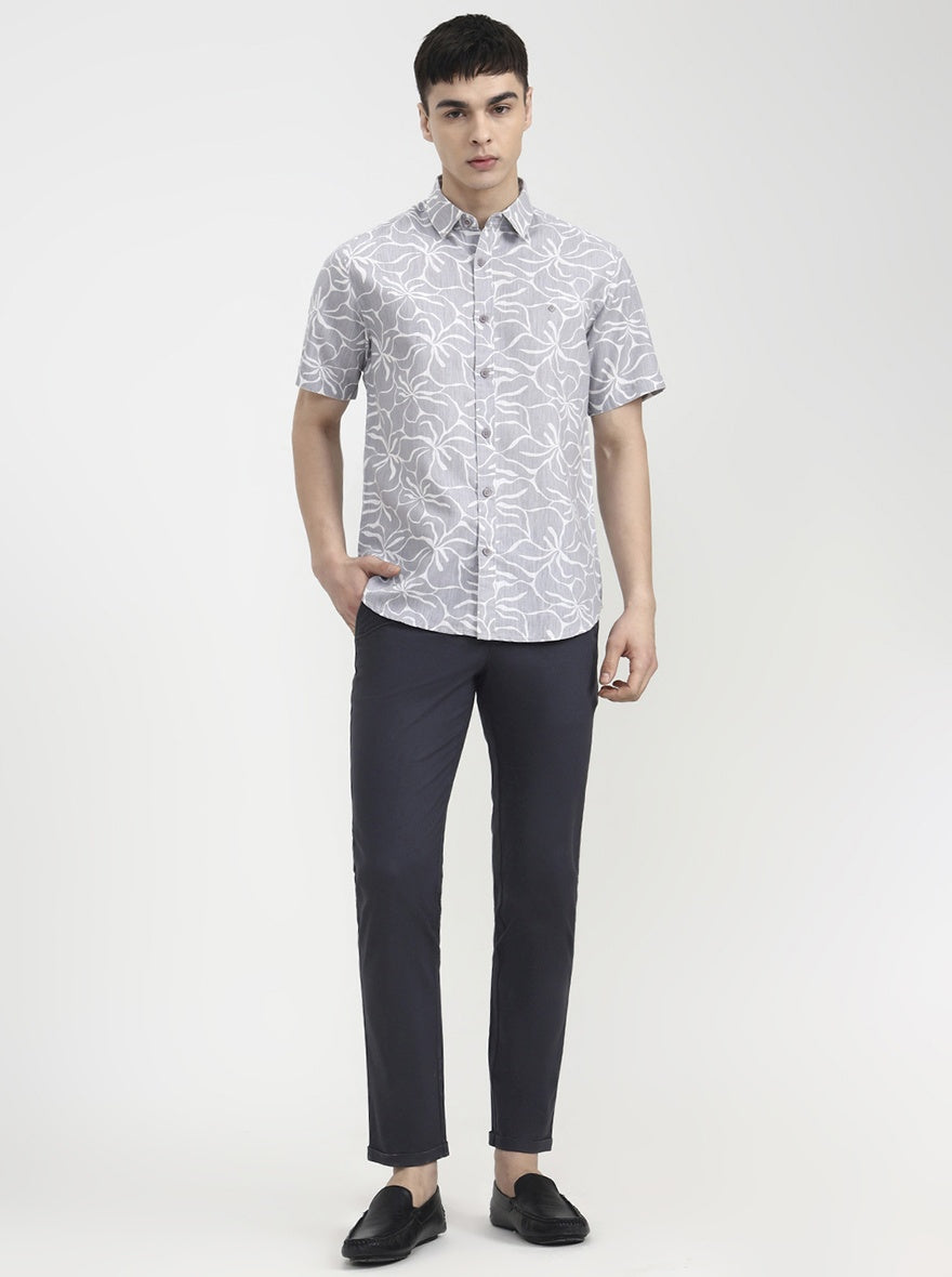 Grey Printed Slim Fit Casual Shirt | Greenfibre
