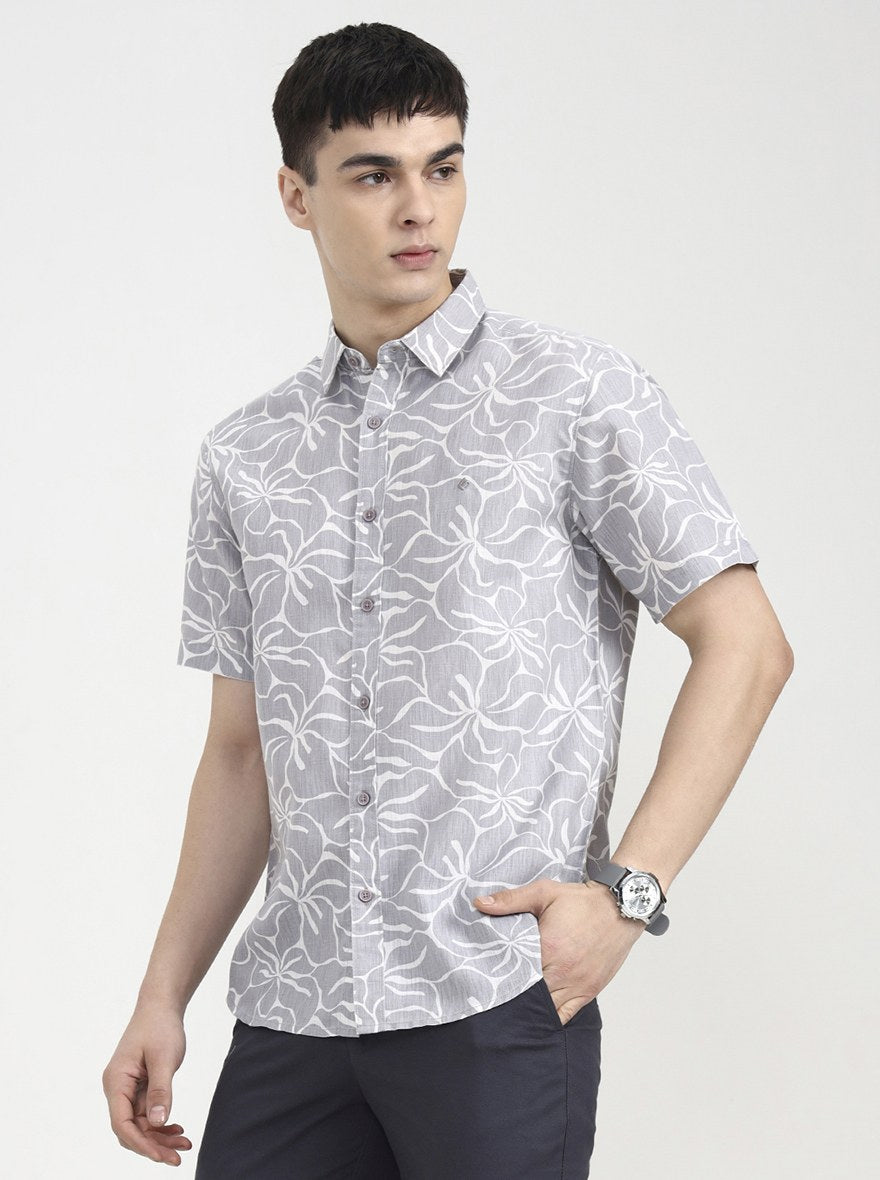 Grey Printed Slim Fit Casual Shirt | Greenfibre