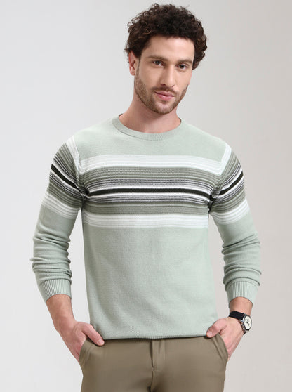 Mint Green Striped Slim Fit T-Shirt | Greenfibre