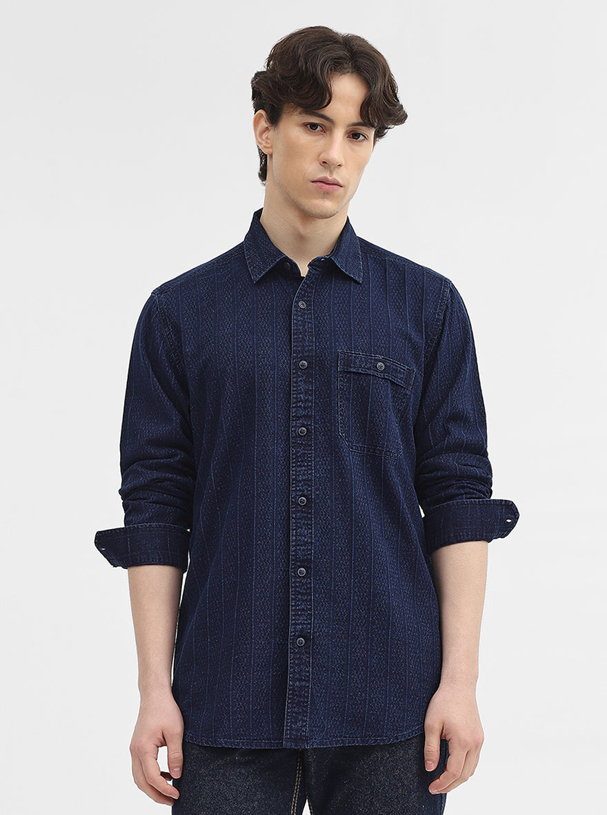 Navy Blue Striped Slim Fit Casual Shirt | JadeBlue