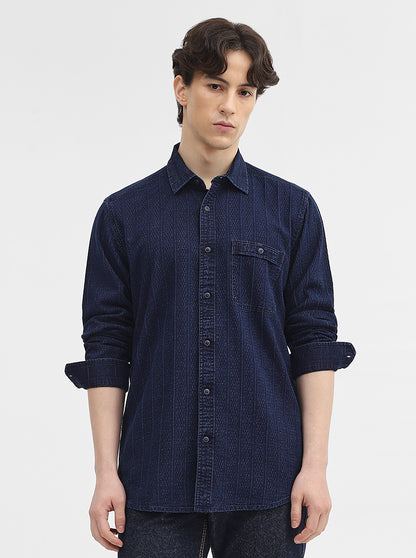 Navy Blue Striped Slim Fit Casual Shirt | JadeBlue