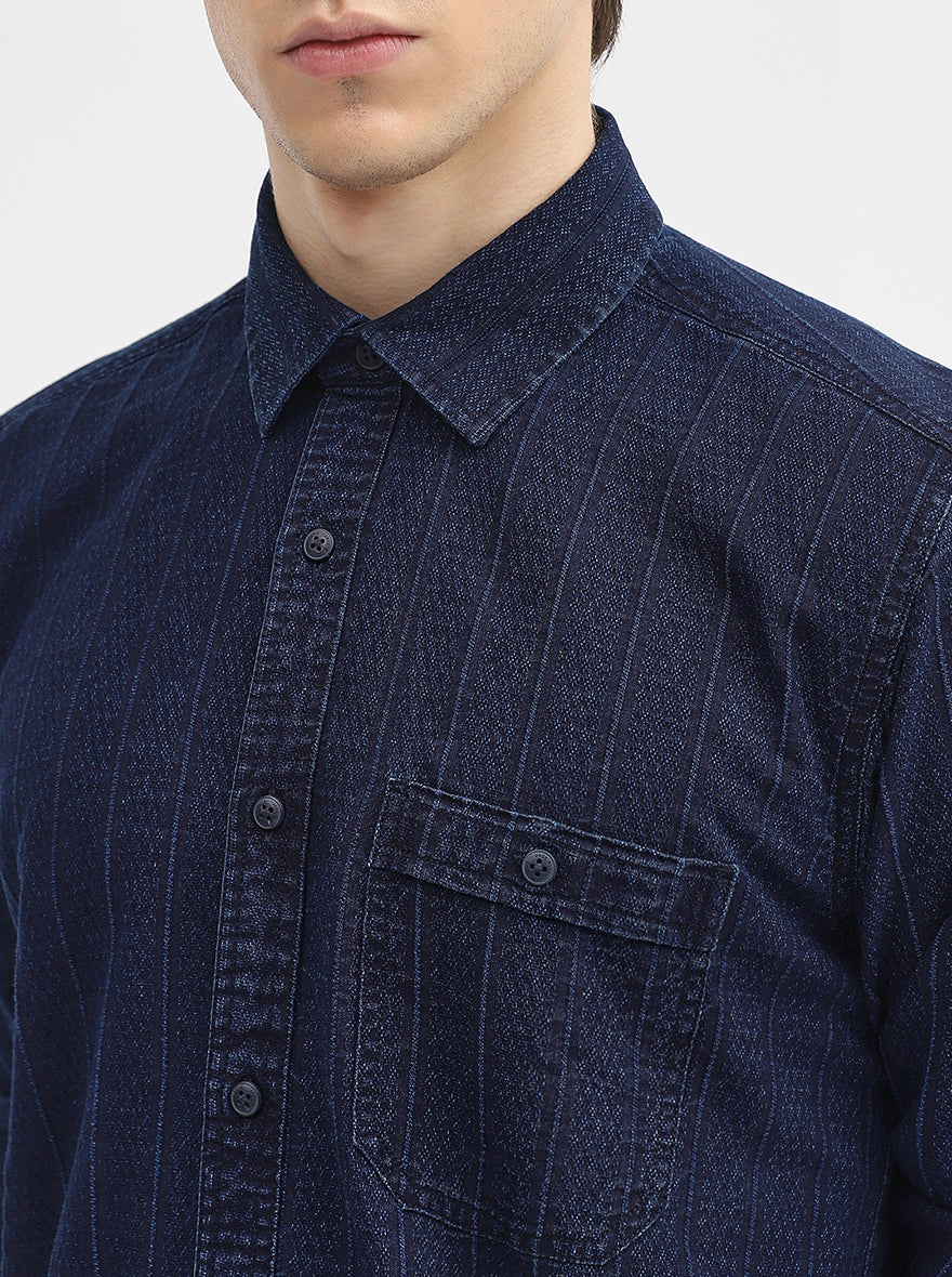 Navy Blue Striped Slim Fit Casual Shirt | JadeBlue