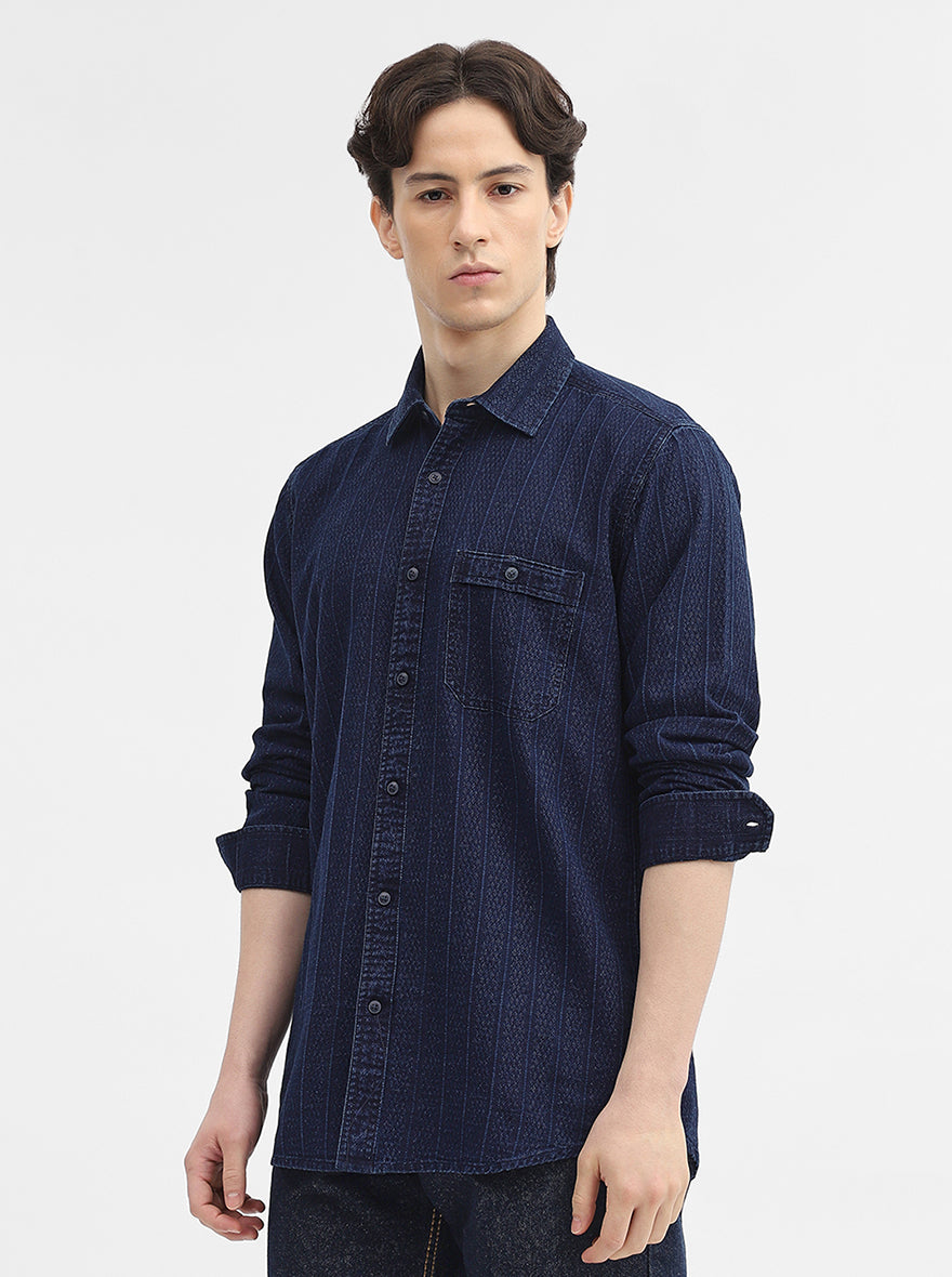Navy Blue Striped Slim Fit Casual Shirt | JadeBlue