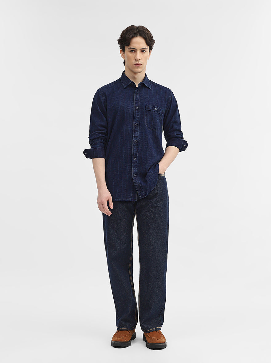 Navy Blue Striped Slim Fit Casual Shirt | JadeBlue