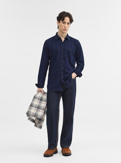 Navy Blue Striped Slim Fit Casual Shirt | JadeBlue