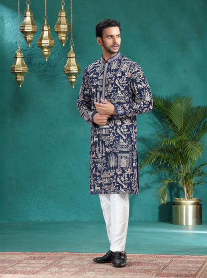 Navy Blue Embroidered Kurta Pajama | TULA
