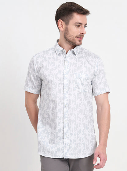 Grey & White Printed Slim Fit Casual Shirt | JadeBlue