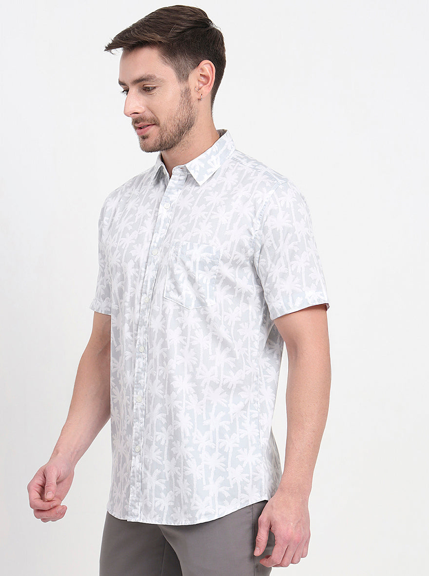 Grey & White Printed Slim Fit Casual Shirt | JadeBlue