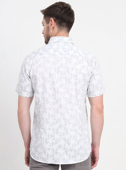 Grey & White Printed Slim Fit Casual Shirt | JadeBlue
