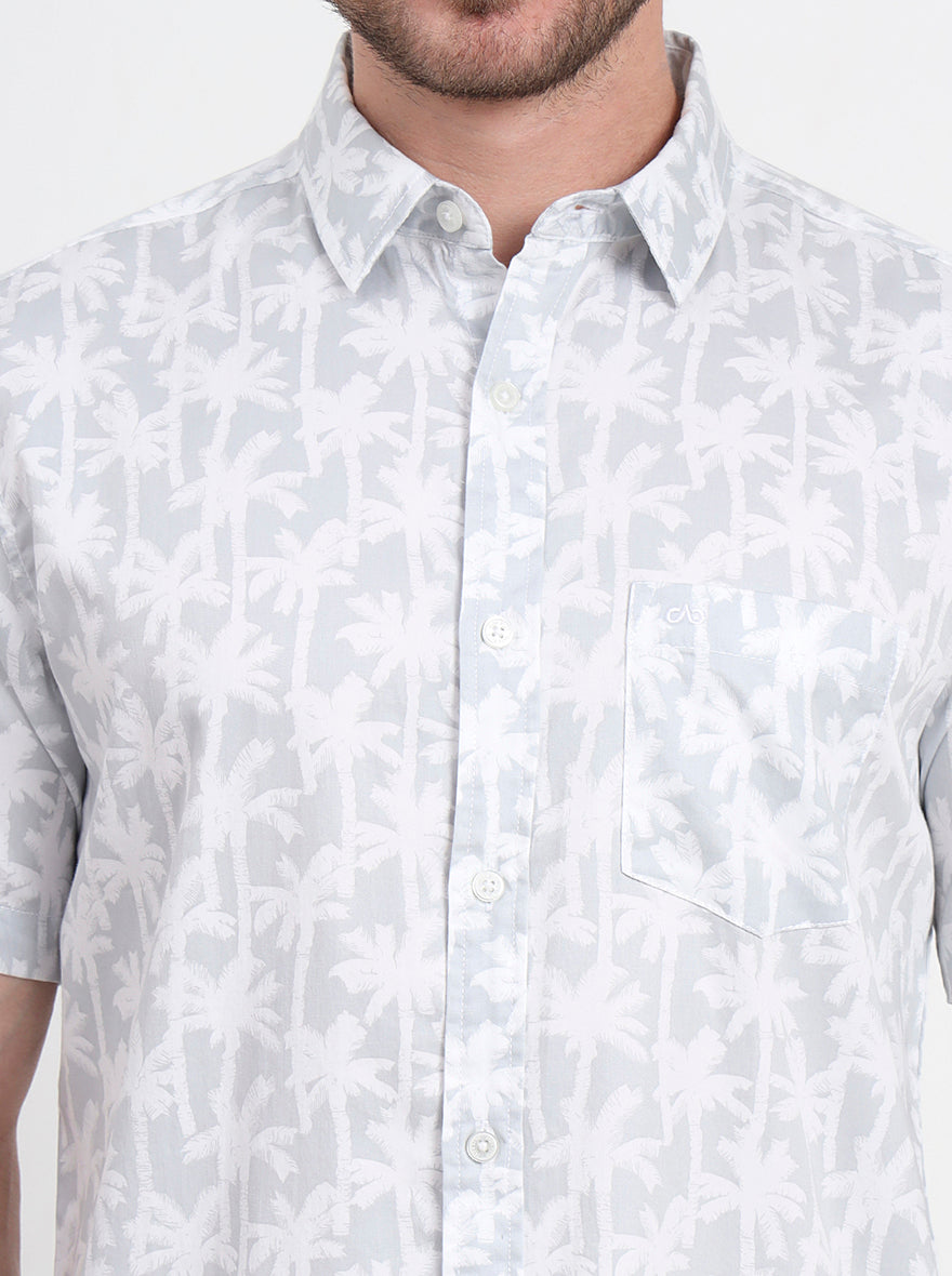 Grey & White Printed Slim Fit Casual Shirt | JadeBlue