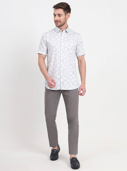 Grey & White Printed Slim Fit Casual Shirt | JadeBlue