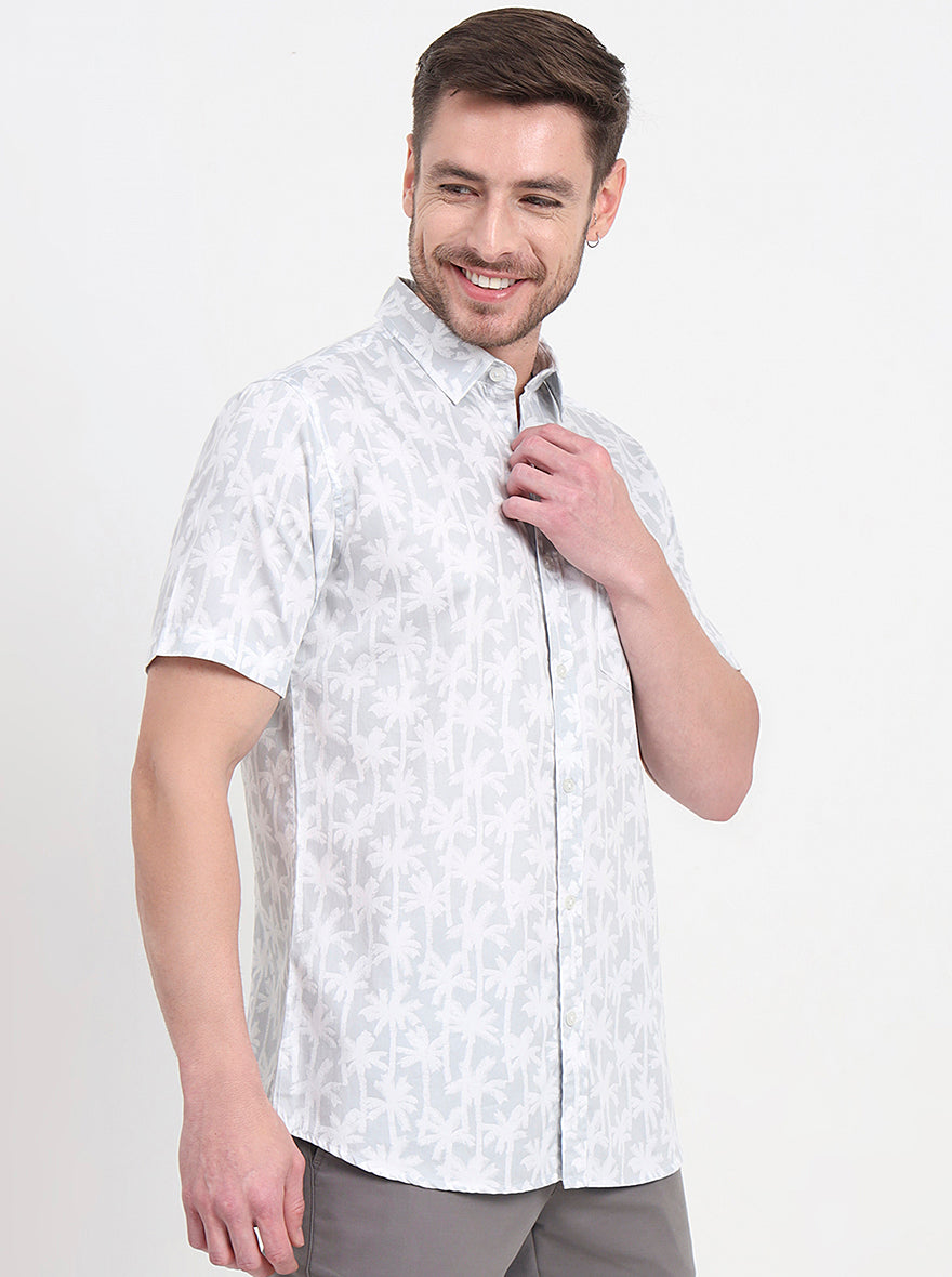 Grey & White Printed Slim Fit Casual Shirt | JadeBlue