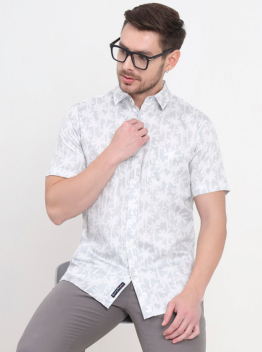 Grey & White Printed Slim Fit Casual Shirt | JadeBlue