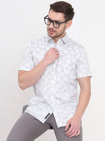 Grey & White Printed Slim Fit Casual Shirt | JadeBlue