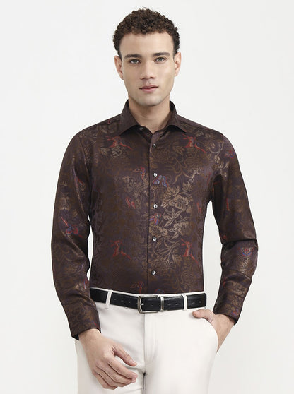 Brown Pink Printed Slim Fit Formal Shirt | JadeBlue Super Luxe
