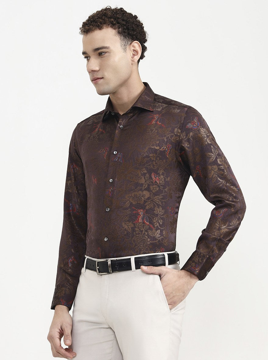 Brown Pink Printed Slim Fit Formal Shirt | JadeBlue Super Luxe