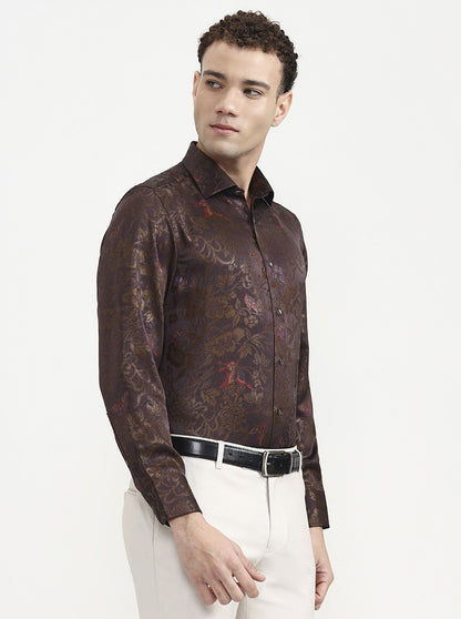 Brown Pink Printed Slim Fit Formal Shirt | JadeBlue Super Luxe