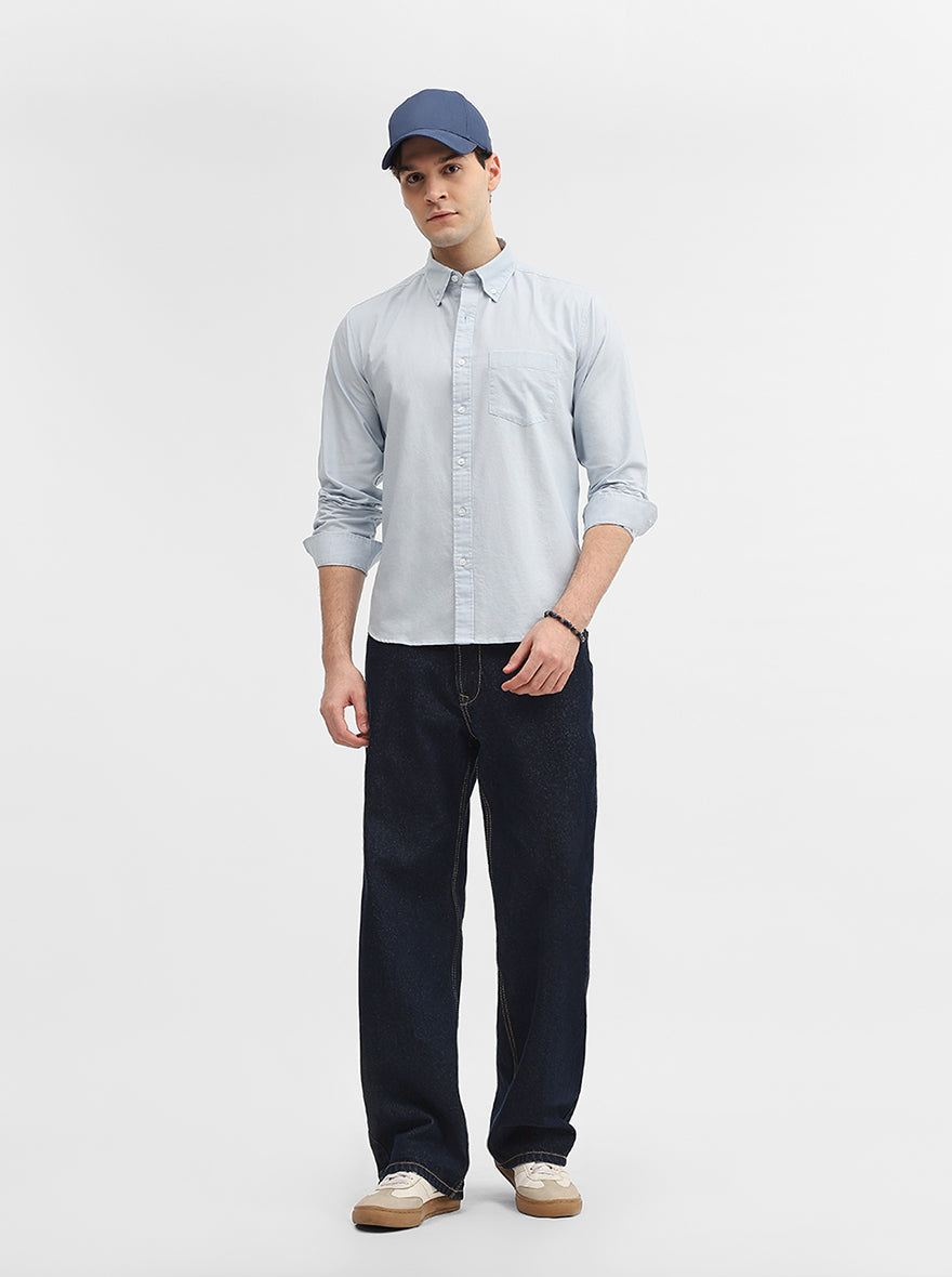 Blue Solid Slim Fit Casual Shirt | Greenfibre