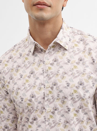Cream Printed Slim Fit Casual Shirt | Greenfibre