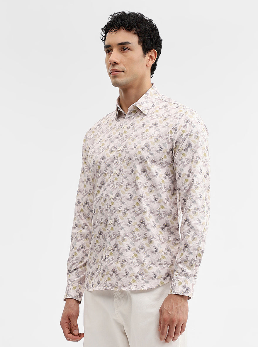 Cream Printed Slim Fit Casual Shirt | Greenfibre