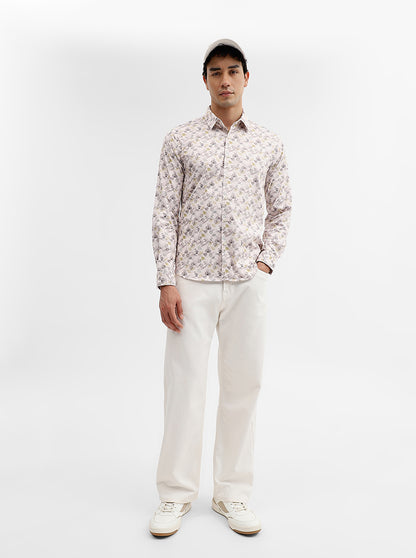 Cream Printed Slim Fit Casual Shirt | Greenfibre