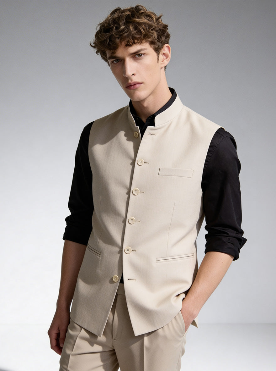 Beige Solid Waistcoat | Greenfibre