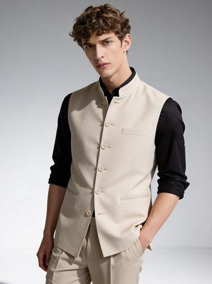 Beige Solid Waistcoat | Greenfibre