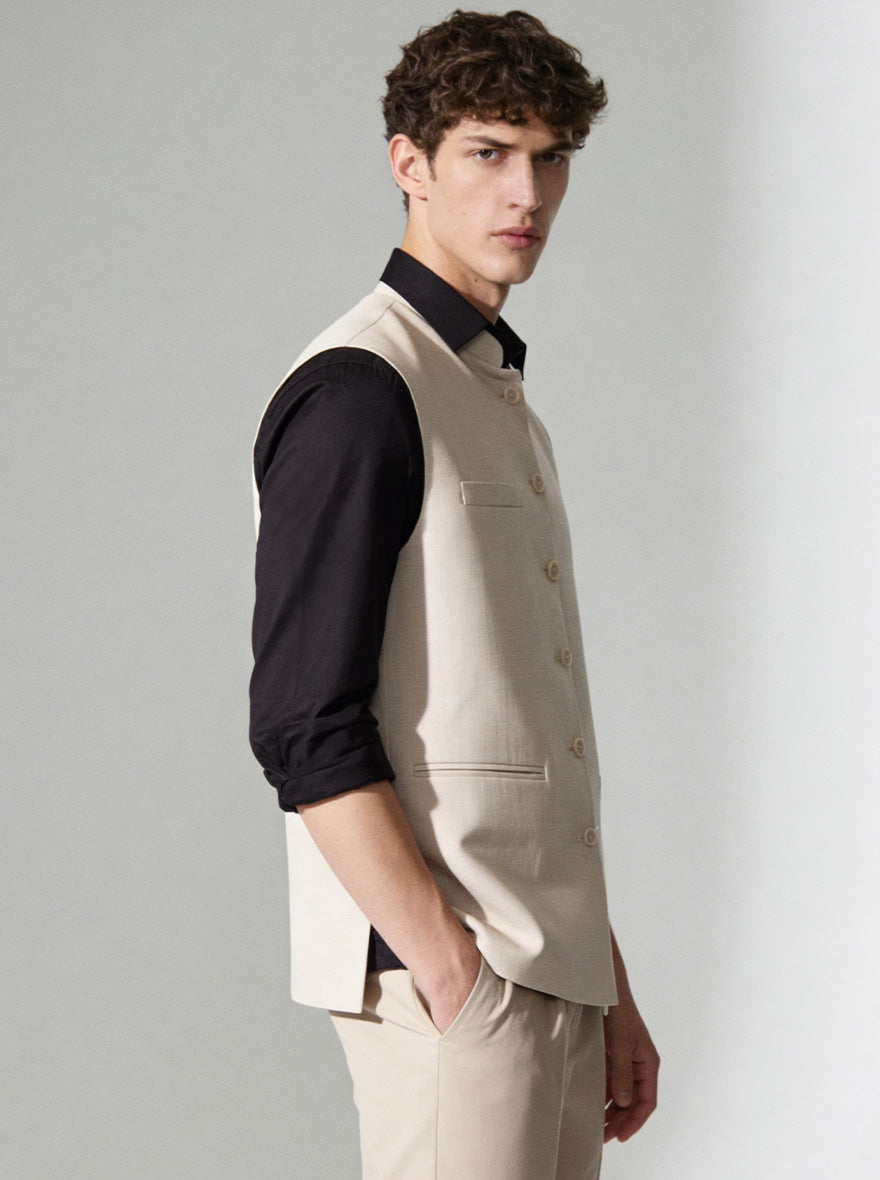 Beige Solid Waistcoat | Greenfibre