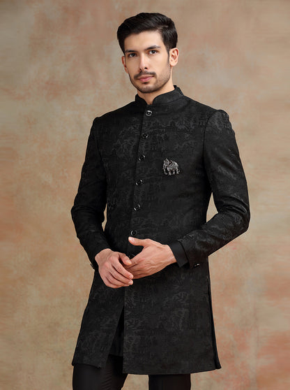 Black Self Textured Indowestern | JB X JB