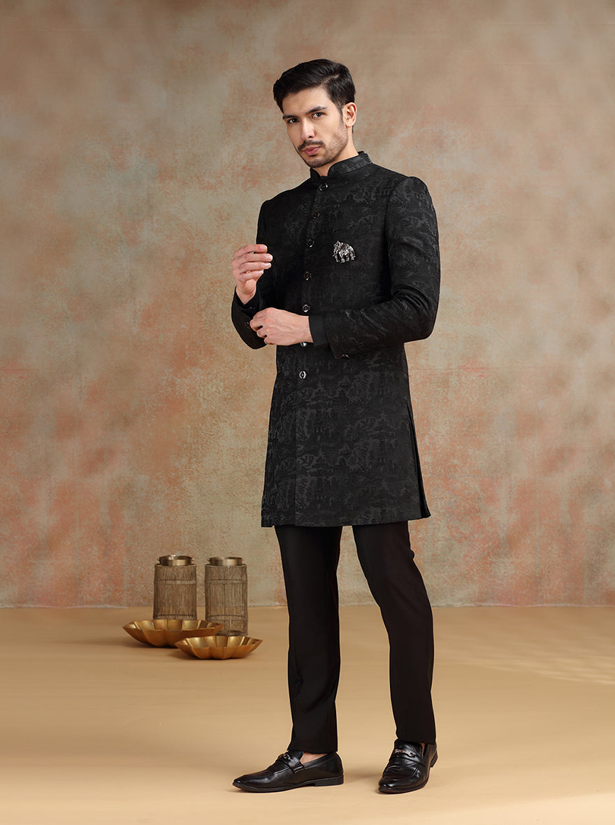 Black Self Textured Indowestern | JB X JB