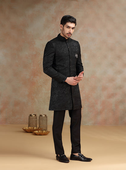 Black Self Textured Indowestern | JB X JB