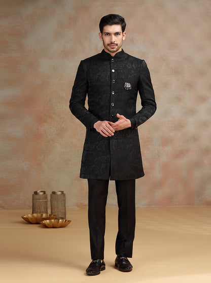 Black Self Textured Indowestern | JB X JB