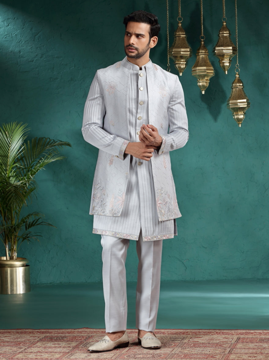 Light Grey Embroidred Indowestern | TULA