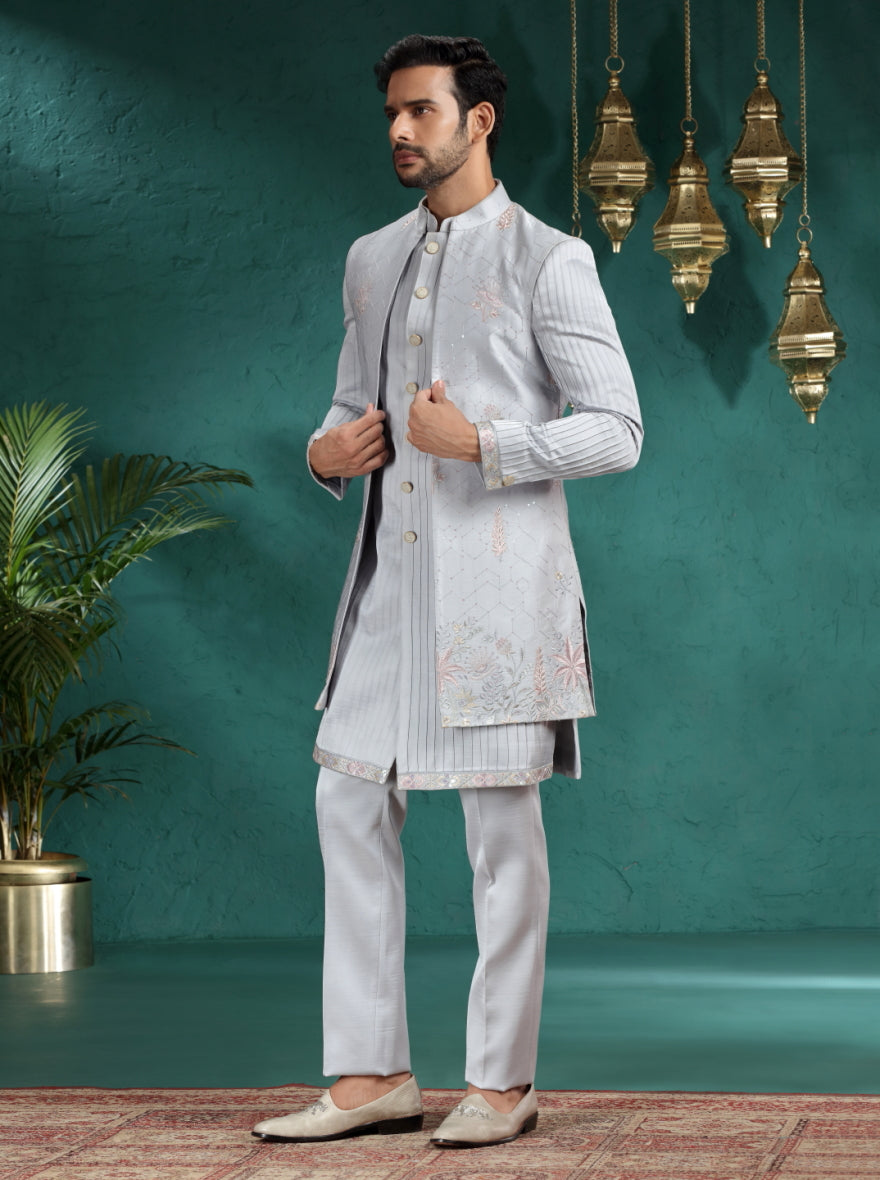 Light Grey Embroidred Indowestern | TULA