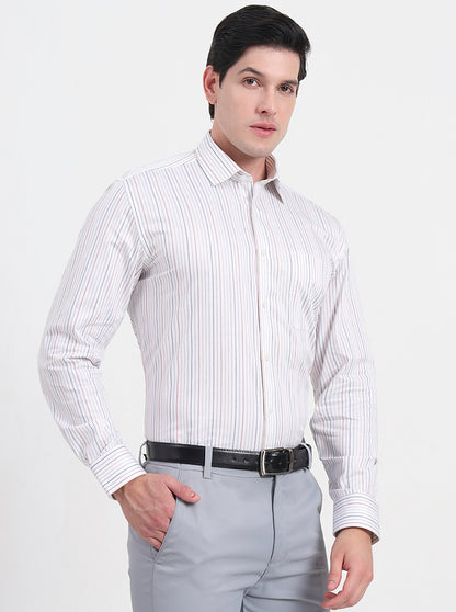 White & Maroon Striped Regular Fit Formal Shirt | JadeBlue