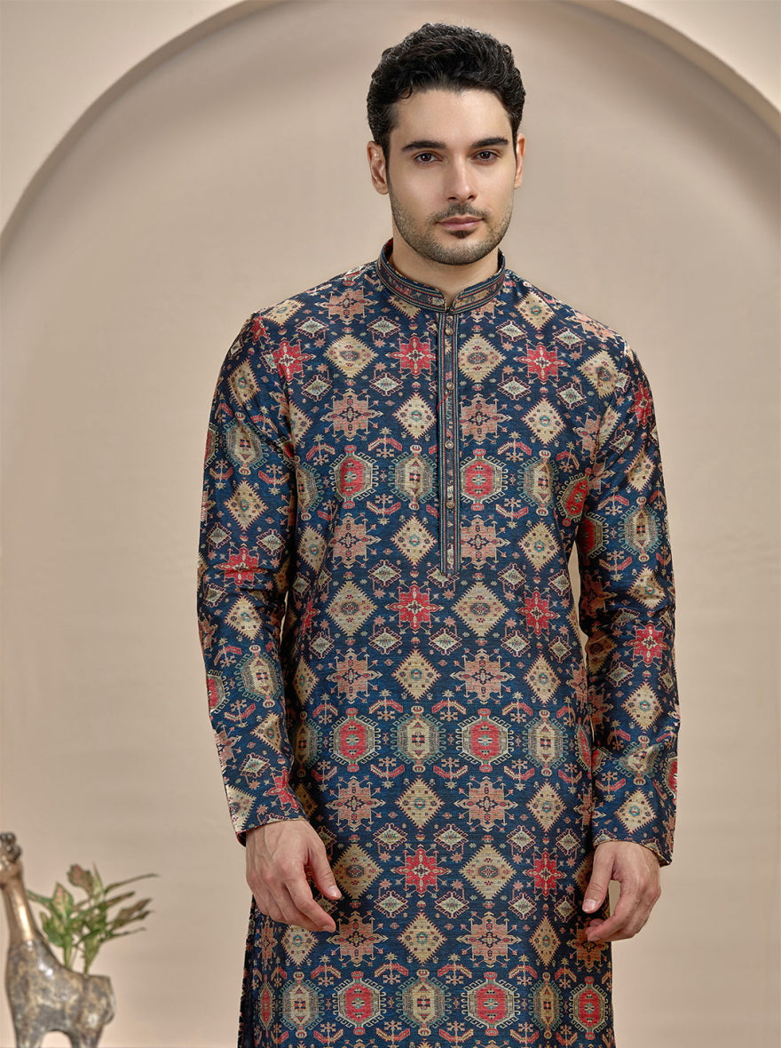 Navy Blue Printed Kurta Pajama | Virasana