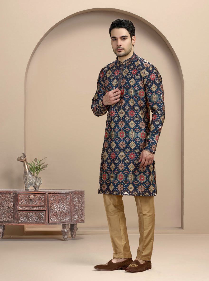 Navy Blue Printed Kurta Pajama | Virasana