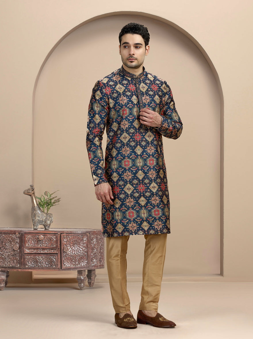 Navy Blue Printed Kurta Pajama | Virasana