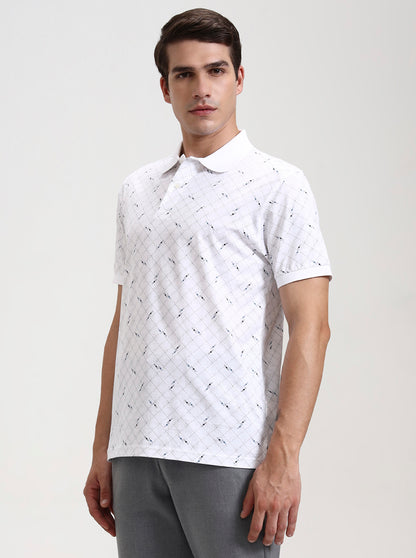 White Checked Slim Fit Polo T-Shirt | JadeBlue