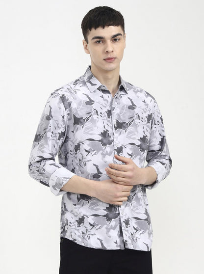 Light Grey Printed Slim Fit Casual Shirt | Greenfibre