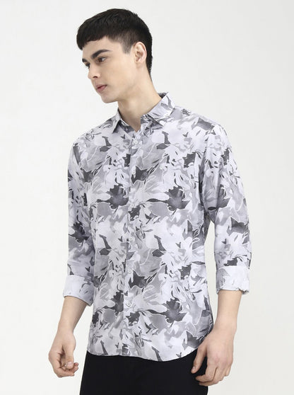 Light Grey Printed Slim Fit Casual Shirt | Greenfibre