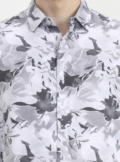 Light Grey Printed Slim Fit Casual Shirt | Greenfibre